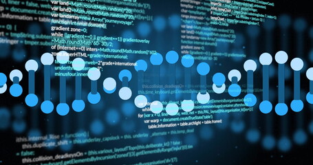 Displaying horizontal data chain moving across interface, with code text, blue nodes, vertical bars