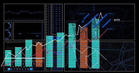 Displaying dashboard showing turquoise orange bar graphs on screen, with white magenta dashed lines