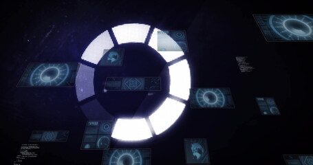 Rotating circular progress indicator in dark interface, with HUD showing charts, maps and code