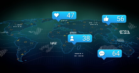 Displaying stylized world map on dark digital dashboard, with glowing social notification badges