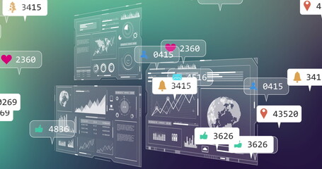 Floating screens displaying graphs, world map and notification icons in virtual interface