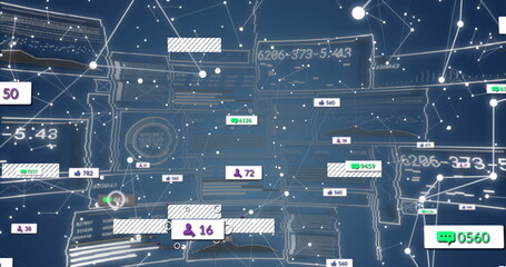 Displaying digital network view filling frame in data dashboard, with user icons, chat counters