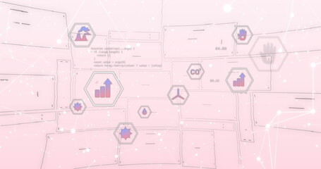 Displaying floating hexagonal environmental icons on pastel pink backdrop, with network lines