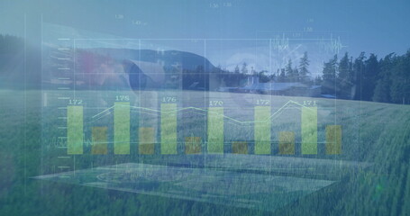 Fototapeta premium Displaying translucent green bar chart with white line graph over rural meadow at forest edge,