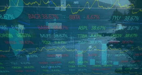 Naklejka premium Displaying financial data overlay on mountain lake shore, with ticker symbols, line and bar charts