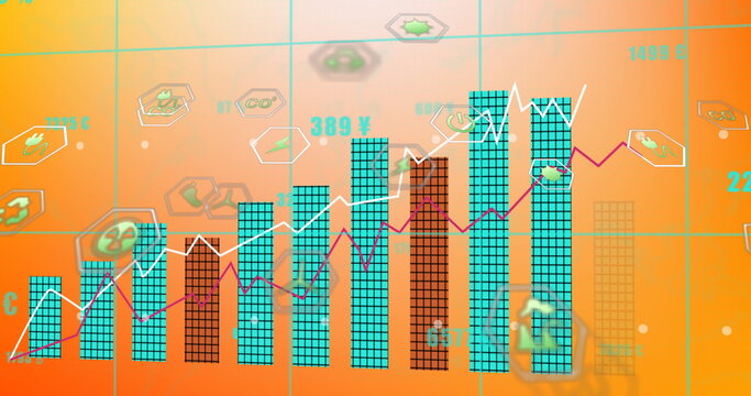 Displaying bar and line chart on finance dashboard, rising bars, eco icons, currency symbols - Powered by Adobe