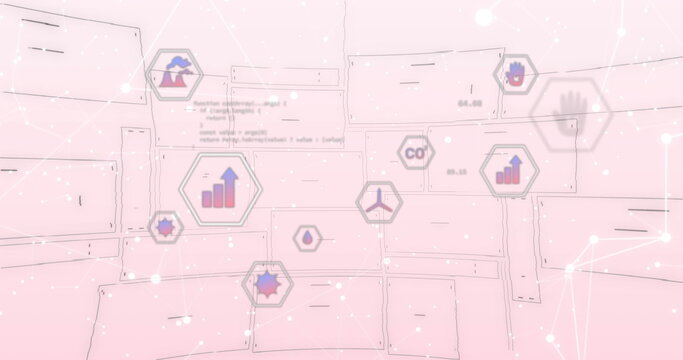 Fototapeta Displaying floating hexagonal environmental icons on pastel pink backdrop, with network lines