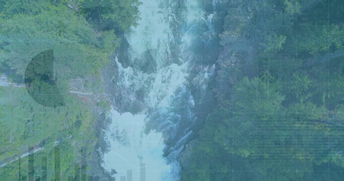 Flowing river-waterfall carving gorge in fir trees from aerial view, with grid overlay and charts - Powered by Adobe
