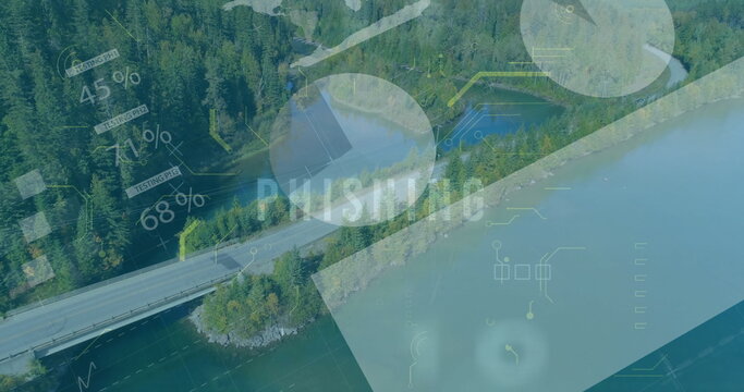 Fototapeta Displaying narrow paved causeway cutting across reservoir in conifer forest, with phishing overlays