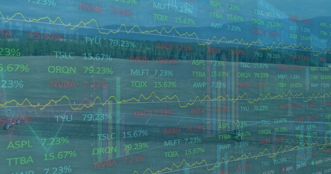 Displaying financial data overlay streaming across harvested field, with yellow line graphs