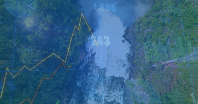 Fototapeta Flowing waterfall torrent merging with rapids in mountain river gorge, with digital data overlay