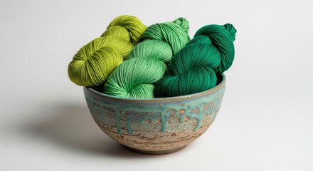 Artistic ceramic bowl filled with green yarn on a solid white background