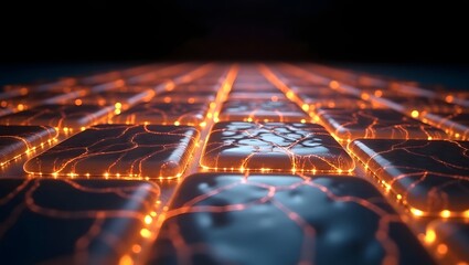 Abstract glowing digital circuit board with orange light trails