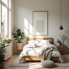Sunlit bedroom with natural wood furniture and green plants