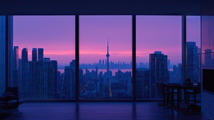Panoramic city view at dawn through expansive windows.