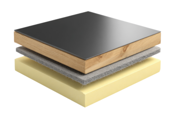 Cross-section of a layered material, showing a dark gray top layer, light wood beneath, a layer of gray insulation, and a light yellow foam base