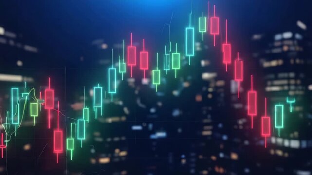 Dynamic digital stock market graph with neon candlestick charts and blurred city lights captures volatile financial trading trends and global economic shifts.
