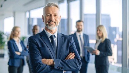 Confident business leader with team