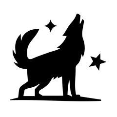 Silhouette of a howling wolf standing on a ground plane with two stars in a black and white design