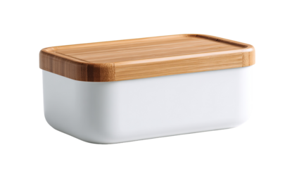 Rectangular white food storage container with a light brown bamboo lid
