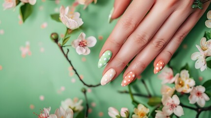 Fototapeta premium Elegant almond-shaped nails with polka dot designs amidst delicate floral accents