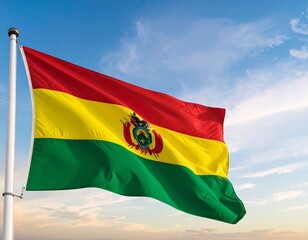 Bolivian flag waving proudly against a blue sky