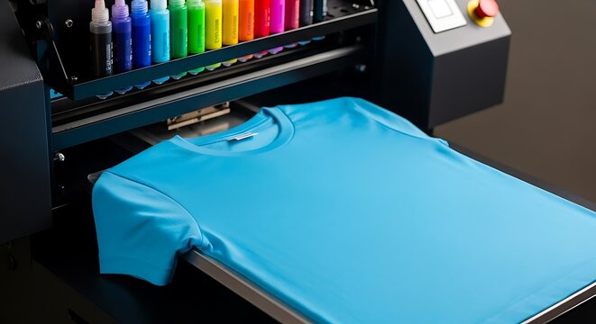 Blue tshirt on a director garment printer
