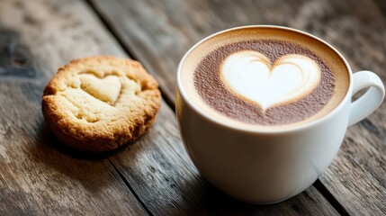 Heart-Shaped Latte Art with Cookie on Rustic Wooden Table
