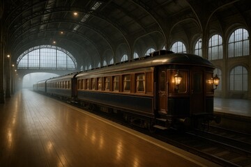 Obraz premium Vintage Train at Grand Station: A Nostalgic Journey Through Time and Architectural Splendor