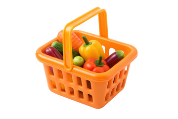 Orange plastic shopping basket filled with toy vegetables isolated on transparent background