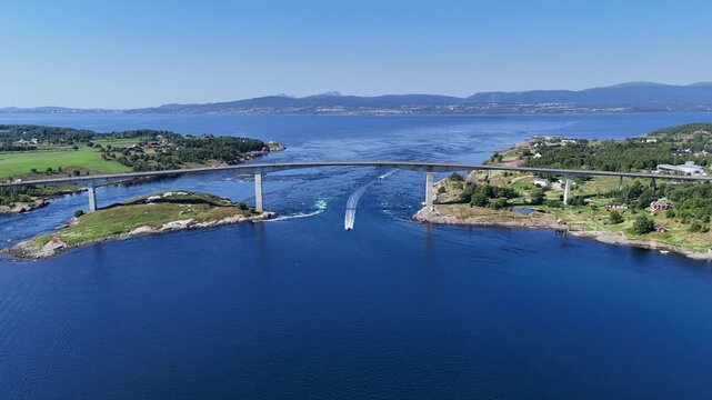 Aerial view of the Saltstraumen bridge spanning the powerful tidal currents of the Saltstraumen