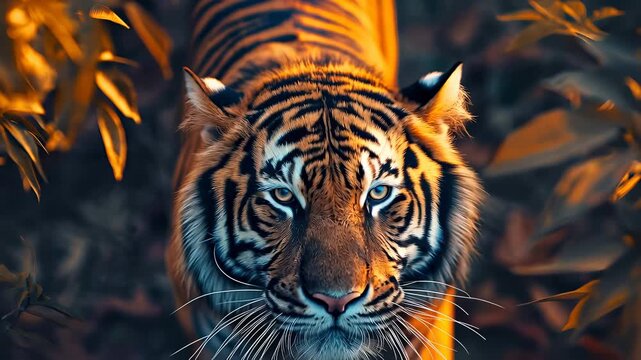 A close-up shot of a majestic tiger looking directly at the camera amidst lush foliage, emphasizing its beauty, strength, and the importance of wildlife conservation efforts.