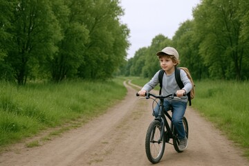 Fototapeta premium Boy Riding Bicycle on Country Road: Active Lifestyle, Outdoors, Childhood Fun and Adventure