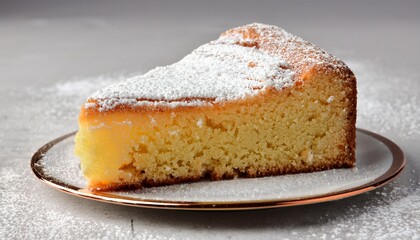 slice of cake with powdered sugar on top