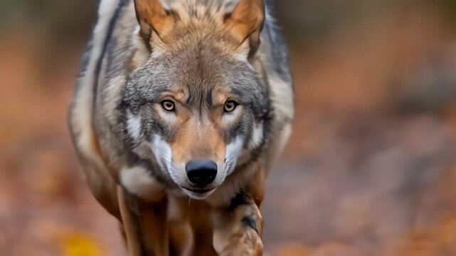 A wild wolf confidently strides through a landscape of autumn leaves, capturing the essence of freedom, survival instincts, and the beauty of wildlife in a serene environment.
