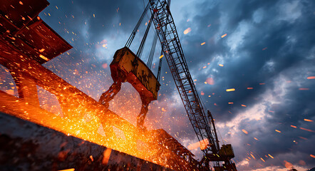 Molten metal glowing intensely as it is lifted by a heavy industrial crane against a dramatic stormy sky