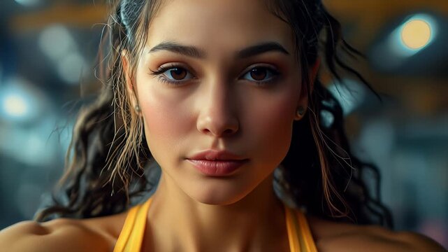 A confident young woman captures her selfie at the fitness center, highlighting health, determination, and the empowering journey of physical fitness and self-improvement.