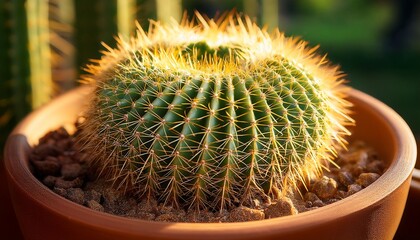 close up of a round green cactus with numerous golden spines growing in a brown clay pot with soil bathed in warm sunlight