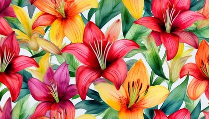 Fototapeta premium watercolor lilies seamless pattern vibrant floral design with red pink yellow blooms and green leaves