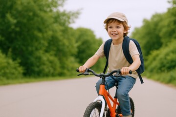 Fototapeta premium Smiling Boy Riding Bicycle Outdoors: Active Lifestyle, Childhood Joy, and Back to School Concept