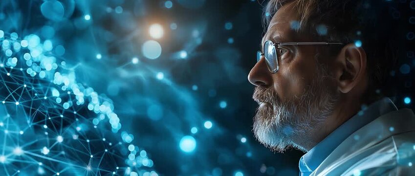 An older scientist in glasses contemplates complex data visuals against a dark backdrop, symbolizing innovation and exploration in the field of science and technology.