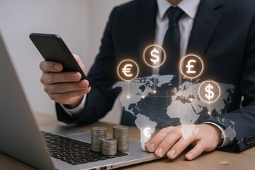 Global Online Banking and Finance Concept: Man with Smartphone Using Financial Application for Currency Transactions