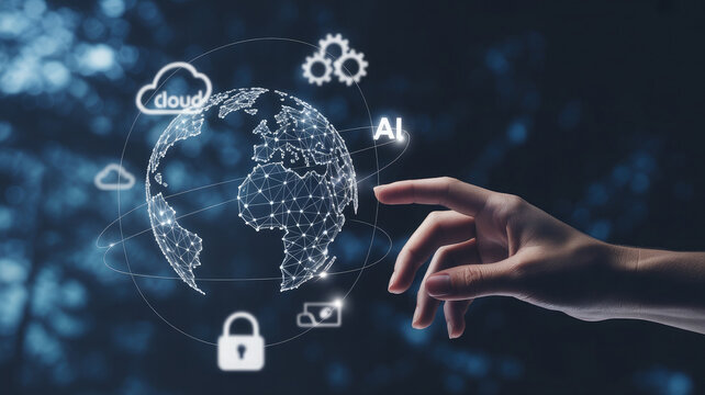 Human finger interacts with a futuristic digital globe showcasing global technology and ai - Powered by Adobe
