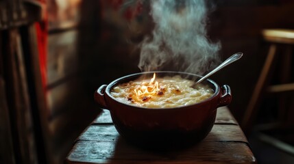 Hot Creamy Soup with Steam Rising in Rustic Setting