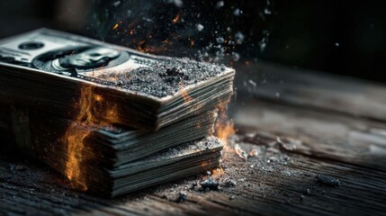 Burning money concept symbolizing financial loss and economic crisis, with the burning flame