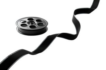 Cinematic film reel and ribbon. A silver film reel sits beside a black film ribbon that curves downward in a graphic design