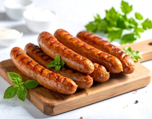 Grilled sausages on a wooden board (1)