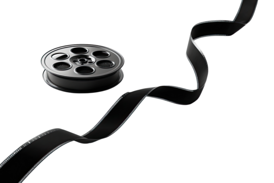 Cinematic film reel and ribbon. A silver film reel sits beside a black film ribbon that curves downward in a graphic design