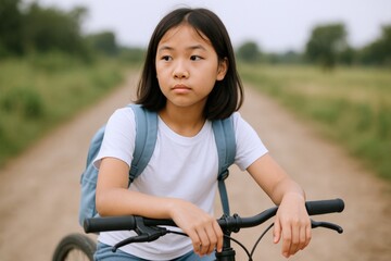 Obraz premium Pensive Asian Girl with Bicycle on Rural Road, Contemplative Outdoor Portrait
