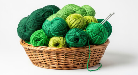 Basket full of green yarn on a solid white background, knitting crafting resource image